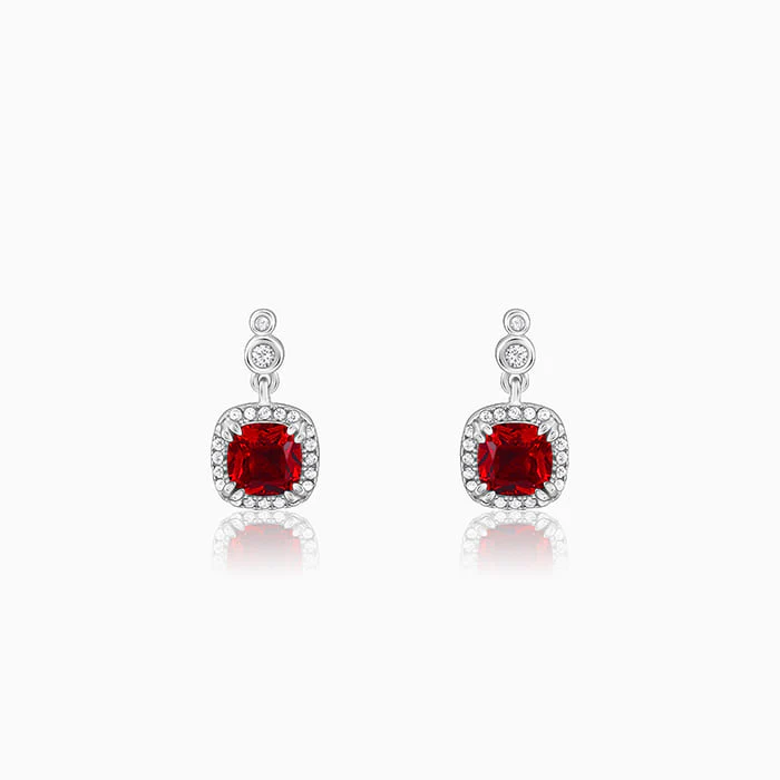 Silver Ruby Red Halo Earrings