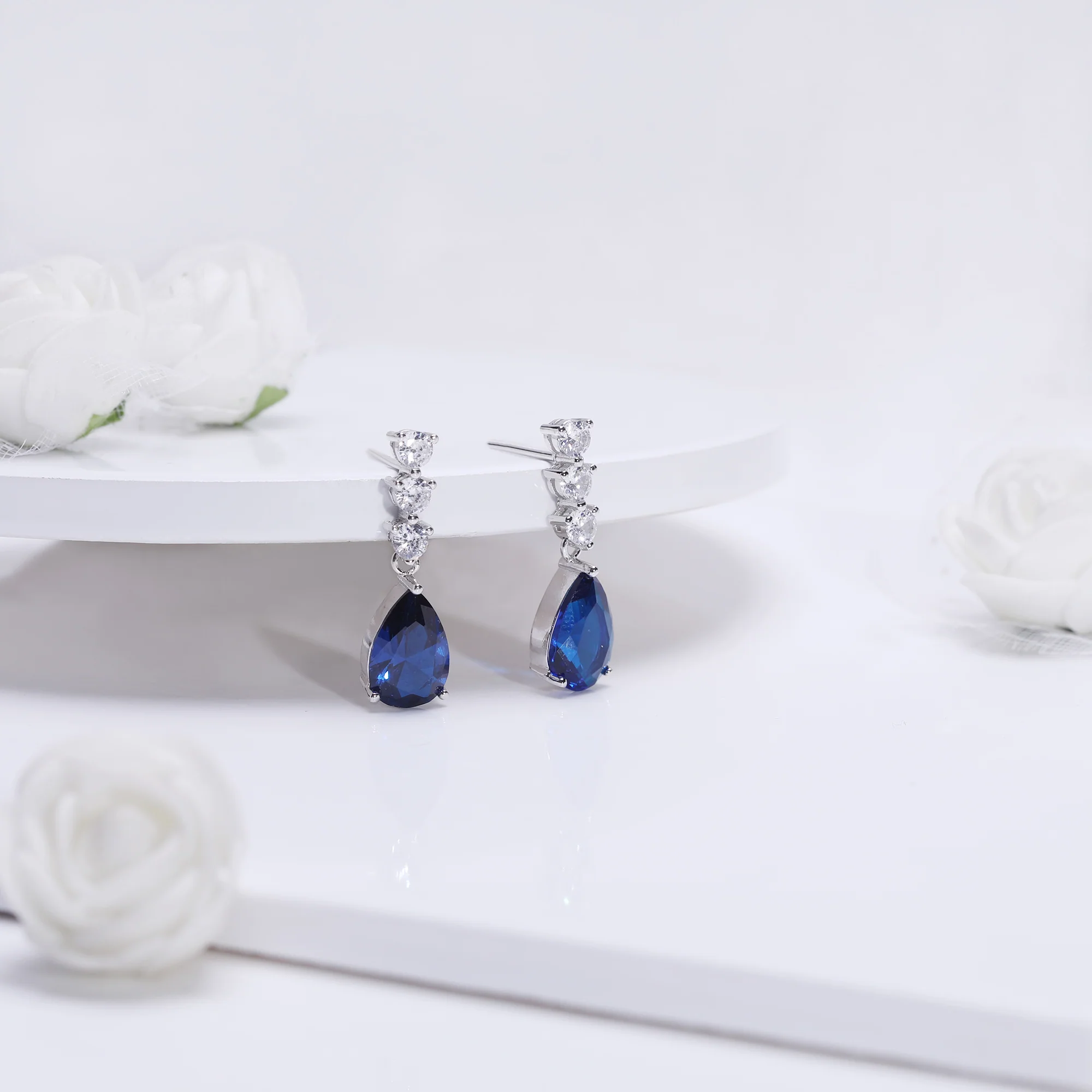 Silver Sapphire Blue Drop Earrings - Image 2