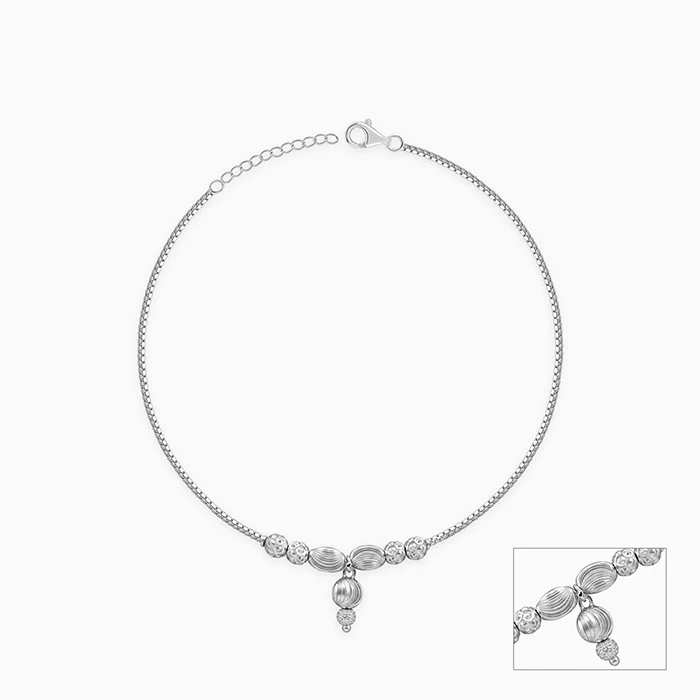 Silver Textured Bead Drop Anklet - Image 3