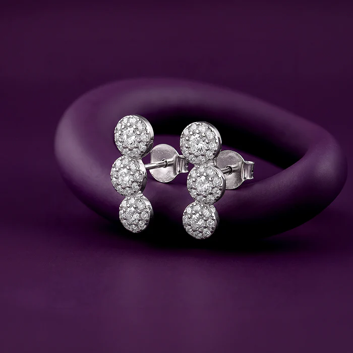 Silver Triple Orb Pave Earrings - Image 2