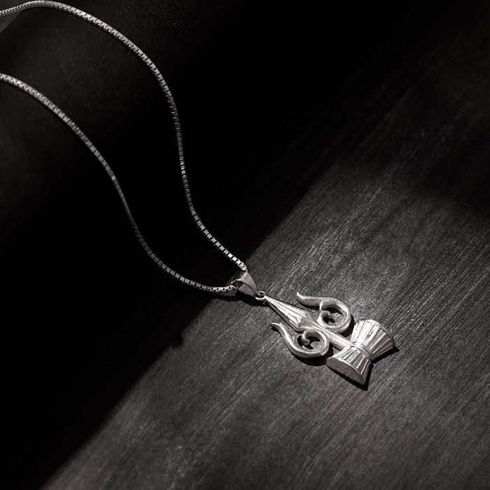 Silver Trishul And Damru Pendant With Box Chain For Him - Image 2