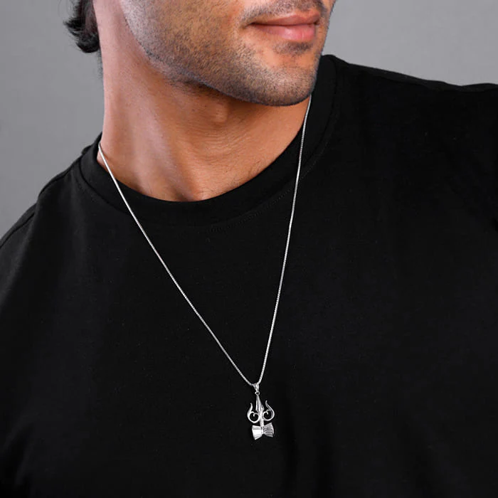 Silver Trishul And Damru Pendant With Box Chain For Him - Image 3