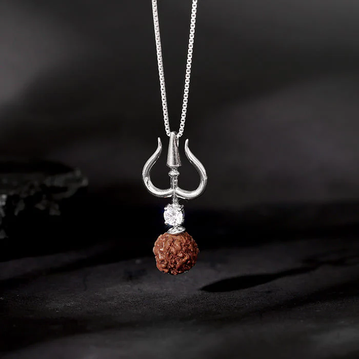 Silver Trishul And Rudraksha Pendant With Box Chain for Him - Image 2