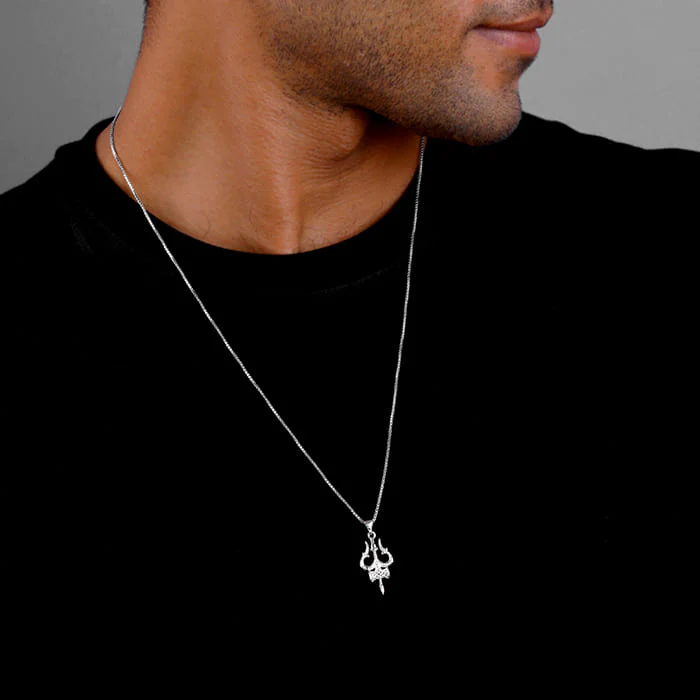 Silver Trishula Pendant with Box Chain For Him - Image 3