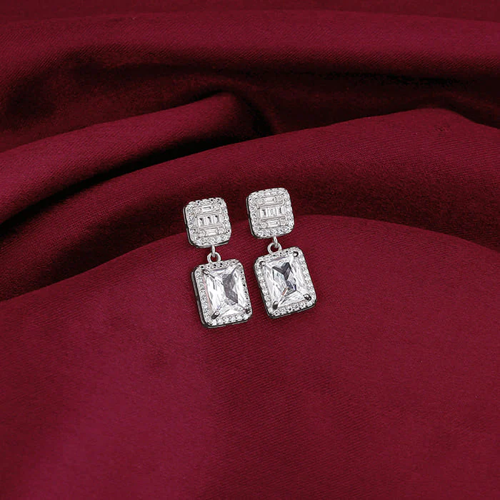 Anushka Sharma Silver Zircon Bold Baguette Earrings - Image 2