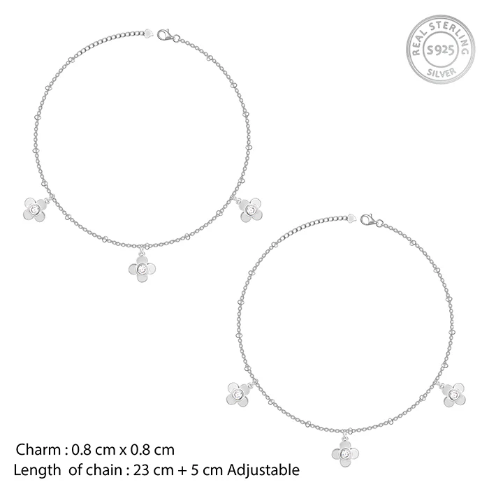 Silver Zircon Clover Charm Anklet - Image 4