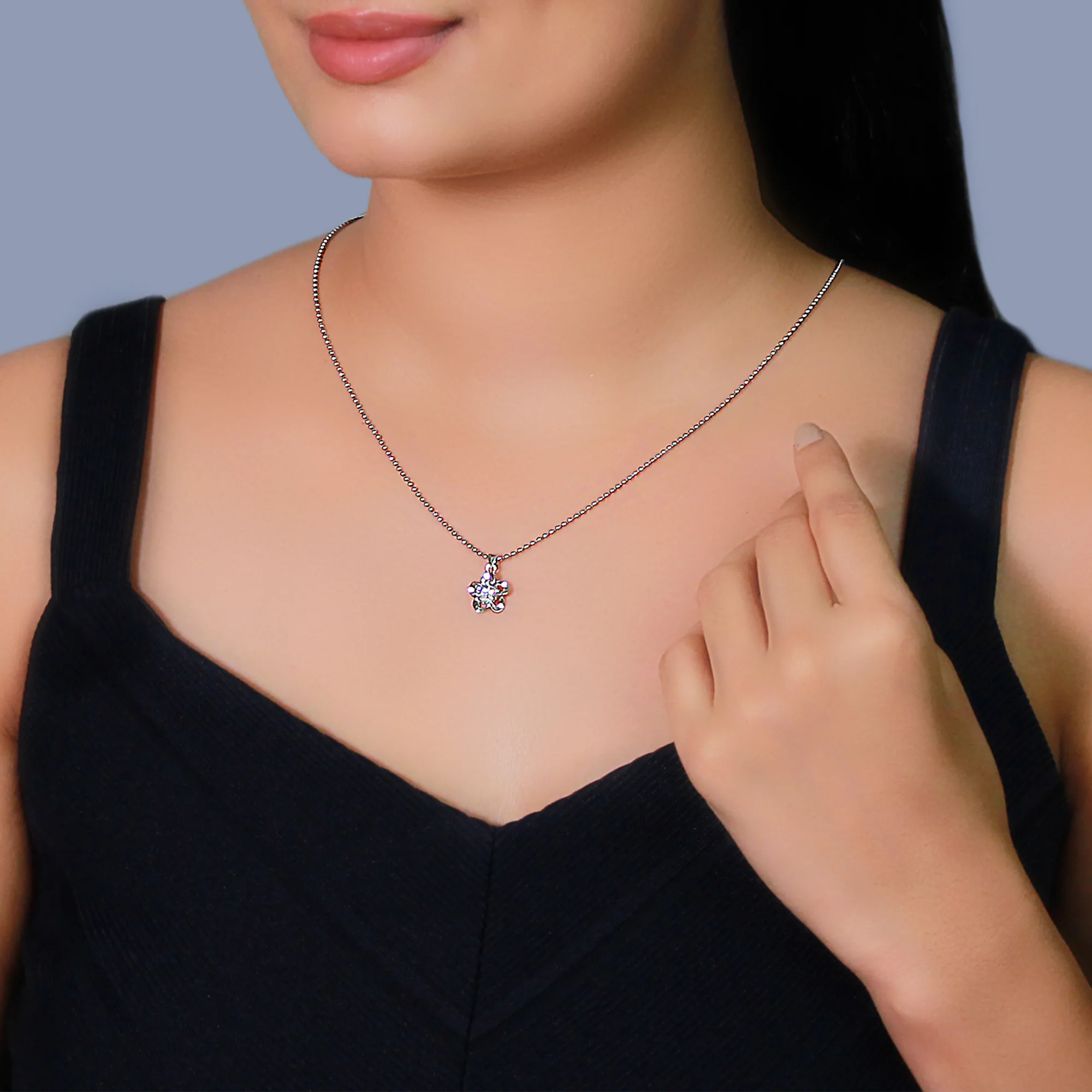 Silver Zircon Flower Pendant with Link Chain - Image 3