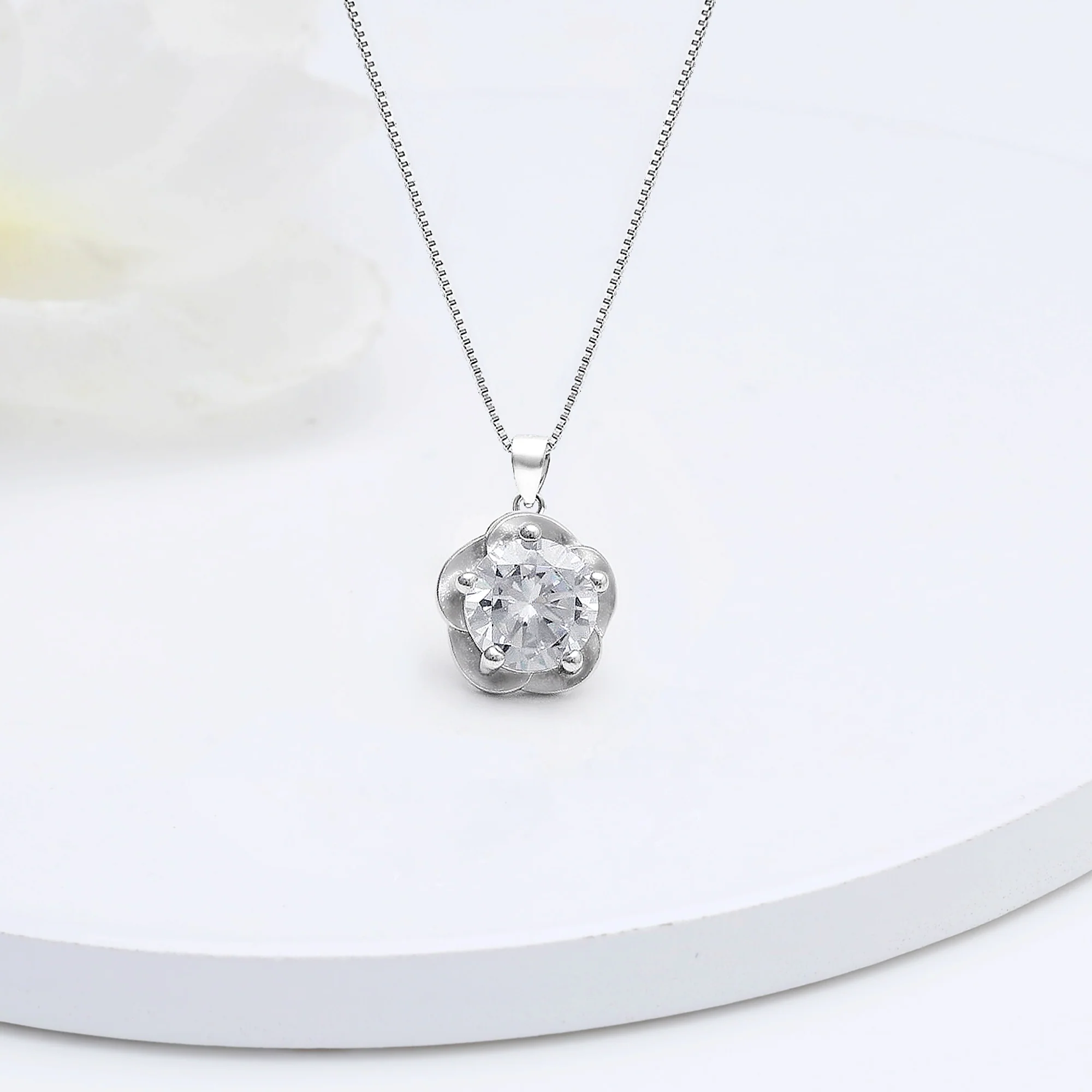 Silver Zircon Mini Flower Pendant with Box Chain - Image 2