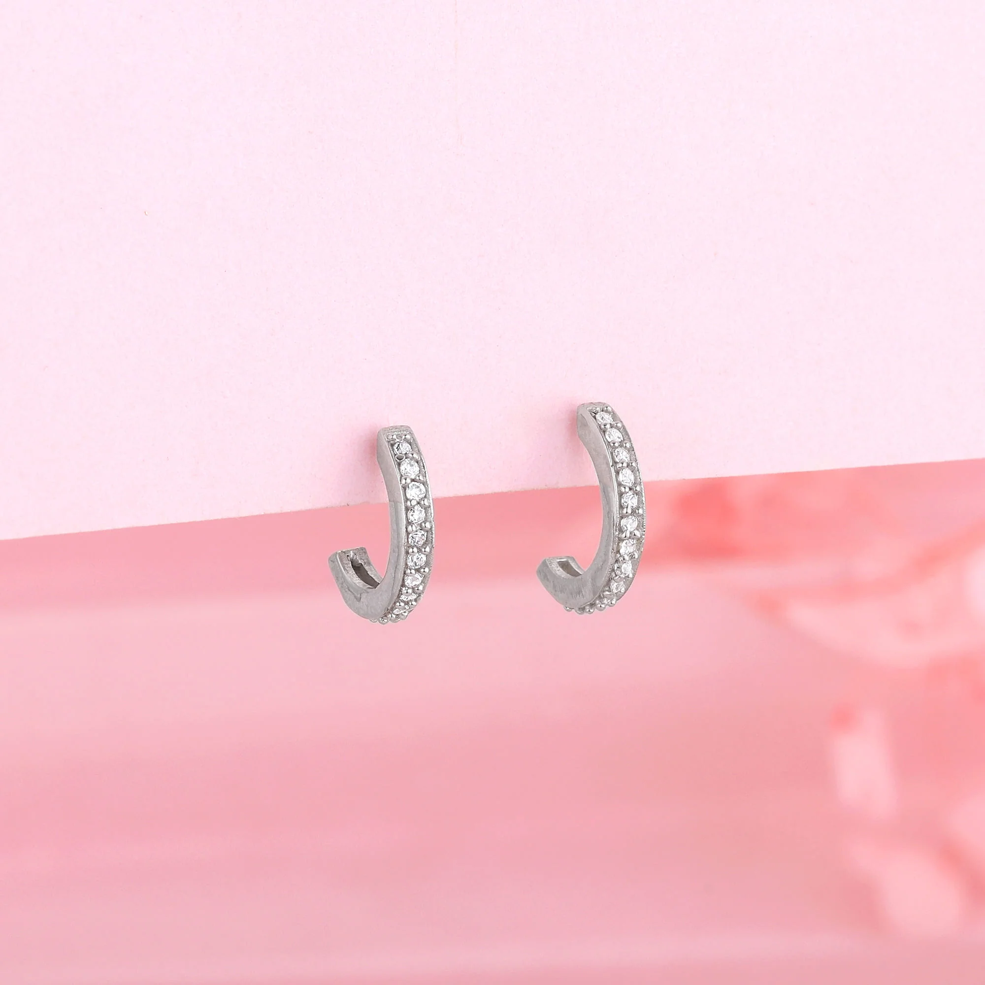 Silver Zircon Shining Hoop Huggies Earrings - Image 2