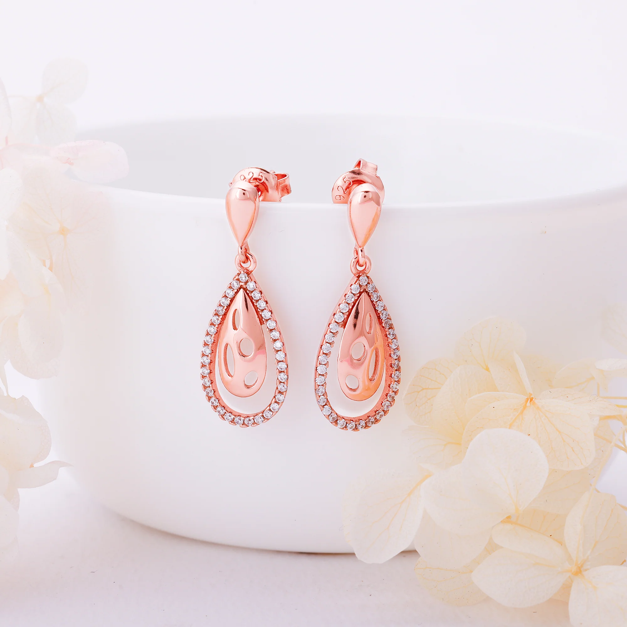 Rose Gold Intricate Teardrop Earrings - Image 2