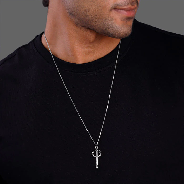 Oxidised Silver Trident Pendant with Box Chain For Him - Image 3