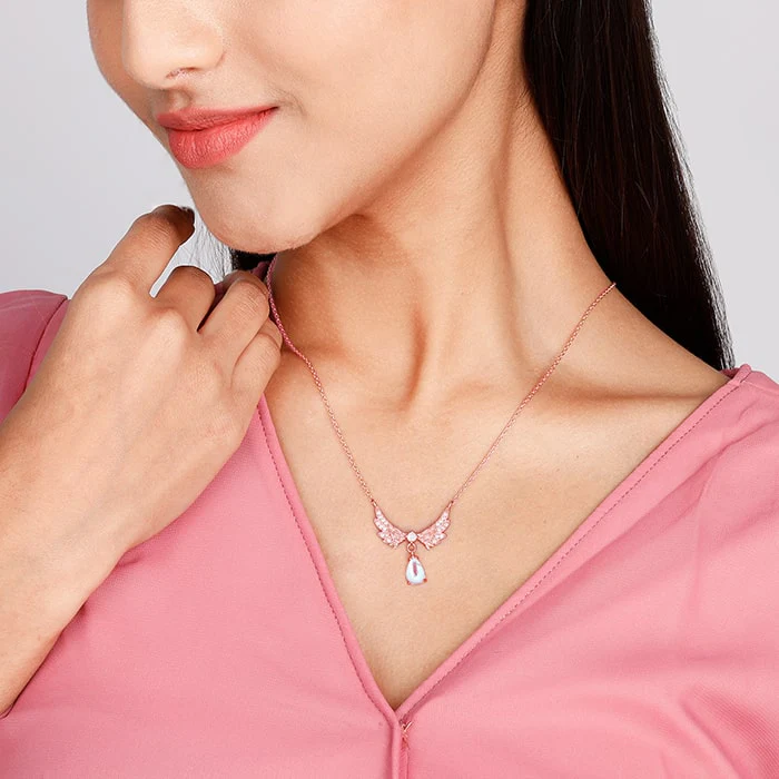 Rose Gold Divine Wings Moonstone Drop Necklace - Image 3